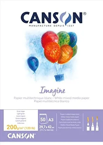 Produktbild: CANSON Imagine, Mixed Media Papier, leichte Körnung, 200 g/m², an der kurzen Seite geleimter Block, DIN A3, 29,7 x 42 cm, Naturweiß, 50 Blatt