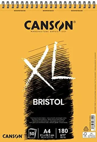 Produktbild: CANSON XL, Bristol Papier, sehr glattes Papier, 180 g/m², an der kurzen Seite spiralgebundener Block, DIN A4 21 x 29,7 cm, Extraweiß, 50 Blatt