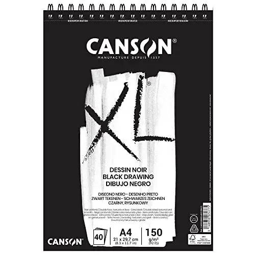 Produktbild: CANSON XL Schwarzes Zeichenpapier, zweiseitig: gekörnt und glatt, 150 g/m², an der kurzen Seite spiralgebundener Block, DIN A4 21 x 29,7 cm, Schwarz, 40 Blatt