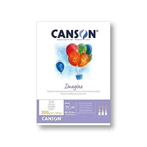 Produktbild: CANSON Imagine, Mixed Media Papier, leichte Körnung, 200 g/m², an der kurzen Seite geleimter Block, DIN A2, 42 x 59,4 cm, Naturweiß, 50 Blatt