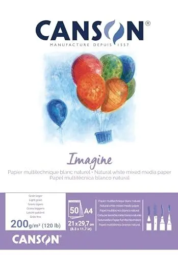 Produktbild: CANSON Imagine, Mixed Media Papier, leichte Körnung, 200 g/m², an der kurzen Seite geleimter Block, DIN A4, 21 x 29,7 cm, Naturweiß, 50 Blatt
