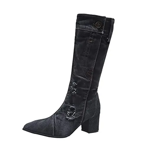 Produktbild: MMOOVV Cowboystiefel Muster Stiefel Damen Trendige Kniehohe Stiefel mit Reißverschluss, Elegant & Modern, Grau (Black, 37)