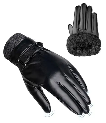 Produktbild: CAOZITOU Handschuhe Herren Winter, PU Lederhandschuhe Thermo Warme Fleece, Winterhandschuhe Winddicht Wasserdichte Gefütterte Touchscreen für Outdoor Fahren(Schwarz, L)