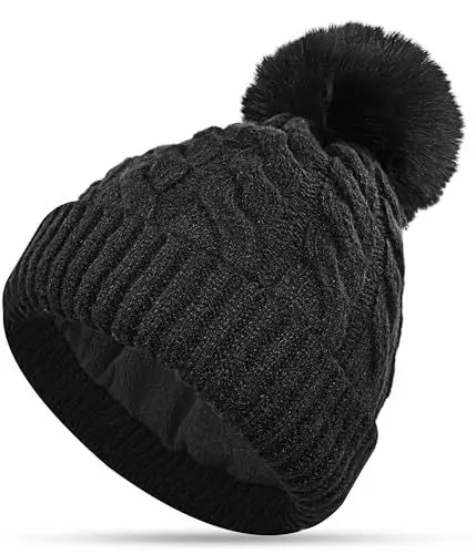 Produktbild: CAOZITOU Mütze Damen, Wintermütze Double Fleece Line Beanie Dehnbar Warme Weich Strickmützen mit Abnehmbarer Bommel für Outdoor Sports Ski (Schwarz)