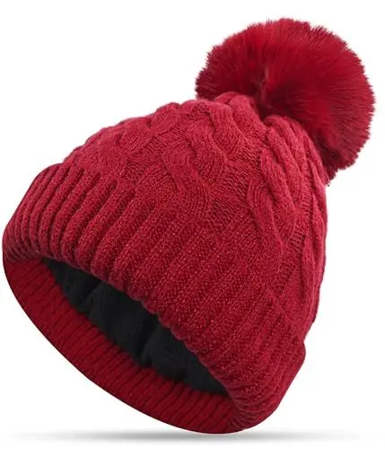 Produktbild: CAOZITOU Mütze Damen, Wintermütze Warme Double Fleece Line, Beanie Dehnbar Weich Strickmützen mit Abnehmbarer Bommel für Outdoor Sports Ski (Weinrot)