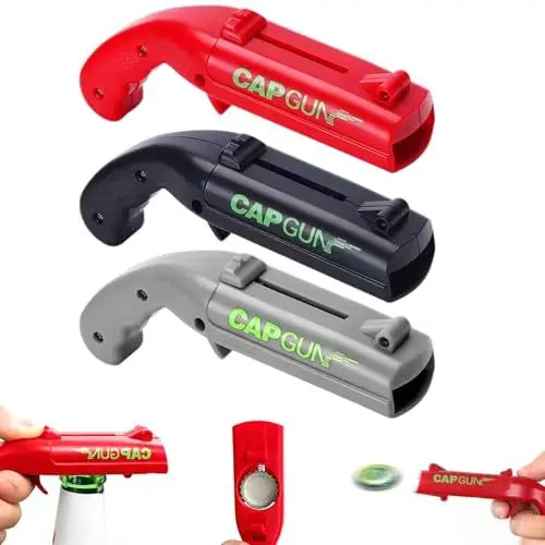 Produktbild: Cap Gun Flaschenöffner Lustig,Kronkorken Pistole als Geschenk,Flaschenöffner Pistole Geeignet für den Heimgebrauch von Männern, Bar, Grill, Partyspiele, Weihnachtsgeschenke(Grau + Rot + Schwarz)