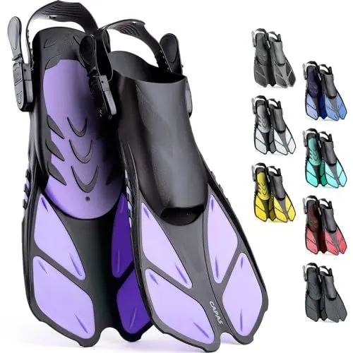Produktbild: CAPAS Schnorchelflossen, Schwimmflossen Reisegröße Kurz Einstellbar zum Schnorcheln Tauchen Erwachsene Männer Frauen Kinder Offene Ferse Tauchflossen (Violett, L/XL)