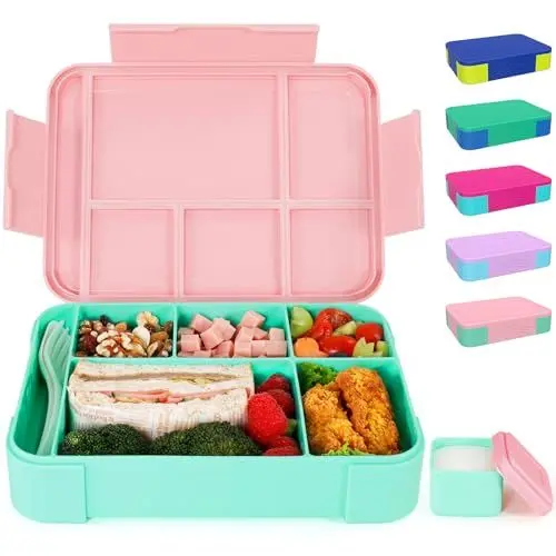 Produktbild: CAPERCI Brotdose Kinder mit Fächern, 1330ml Bento Box Kinder, 5 Fächern, Auslaufsicher, Lunch Box für Kinder Erwachsene Kindergarten Schule Ausflüge, Mikrowelle/Spülmaschinenfest(Cotton Candy/Opal)