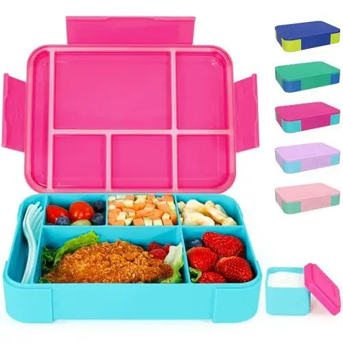Produktbild: CAPERCI Brotdose Kinder mit Fächern, 1330ml Bento Box Kinder, 5 Fächern, Auslaufsicher, Lunch Box für Kinder Erwachsene Kindergarten Schule Ausflüge, Mikrowelle/Spülmaschinenfest (Fuchsia/Teal)