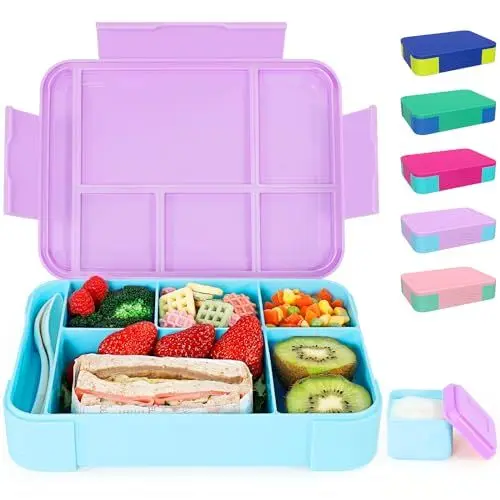 Produktbild: CAPERCI Brotdose Kinder mit Fächern, 1330ml Bento Box Kinder, 5 Fächern, Auslaufsicher, Lunch Box für Kinder Erwachsene Kindergarten Schule Ausflüge, Mikrowelle/Spülmaschinenfest (Orchidee/Hellblau)