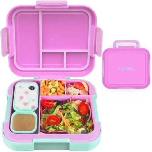 Produktbild: CAPERCI Brotdose Kinder mit Fächern, 4.8 Cups Bento Box Kinder, 4 Fächern, 2 Saucenbox, Lunch Box Jausenbox für Kindergarten Schule Ausflüge, Mikrowelle/Spülmaschinenfest (Orchid/Light Cyan)