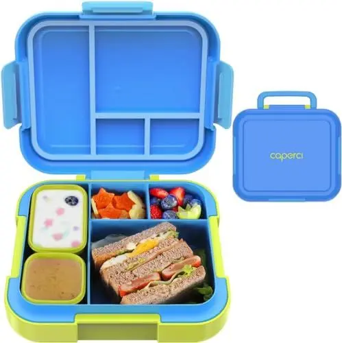 Produktbild: CAPERCI Brotdose Kinder mit Fächern, Large 4.8 Cups Bento Box Kinder, 4 Fächern, 2 Saucenbox, Lunch Box Jausenbox für Kindergarten Schule Ausflüge, Mikrowelle/Spülmaschinenfest (Blue/Juicy Pear)