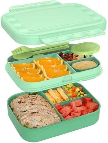 Produktbild: CAPERCI Brotdose Kinder mit Fächern - 1400ml Lunchbox Kinder Bento Box mit Unterteilung Auslaufsicher Brotbox für Mädchen & Jungen Schule, Kindergarten, Ausflüge（Grün）
