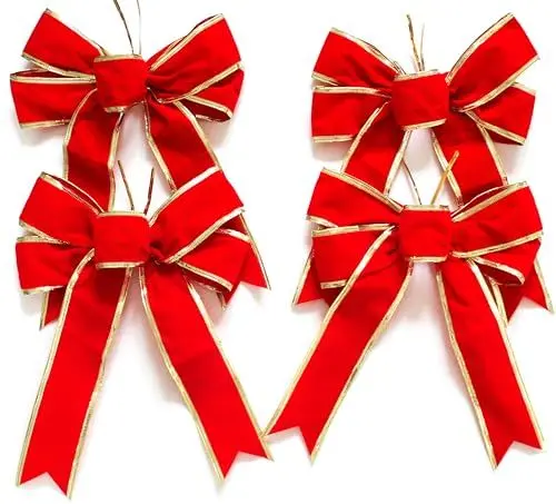 Produktbild: CaPiSo 4 Stück Set Velourschleifen ROT 20x30cm Weihnachtsbaum Geschenkschleifen Weihnachtsschleifen Samtschleifen Velour Adventsgesteck … (Rot-Gold)