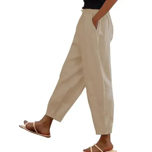 Produktbild: Capri Hose Damen Sommer,Leinenhosen Damen Sommer Gestreift Lässig Elastisch Hohe Taille Gerades Bein Boho Casual Loose Hose Fitted Mit Taschen