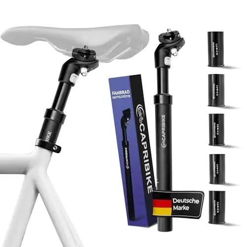 Produktbild: CAPRIBIKE Sattelstütze mit 5 Adaptern – Sattelstütze gefedert aus hochwertigem Aluminium – Extrem Belastbar – Federsattelstütze – Langlebig & Flexibel – ideal für Trekkingräder, E-Bikes, Mountainbikes