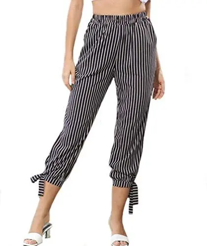 Produktbild: Caprihose Damen Herbst High Waist Vertikale Streifen Classic Karottenhose Relaxed Freizeithose Unique Gummibund Lightweight Hosen (Schwarz,S)