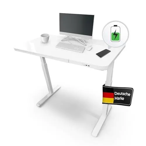 Produktbild: Caprioffice – Höhenverstellbarer Schreibtisch 140x70x(72-118) cm mit Glastischplatte, Memory-Funktion & Wireless Charger – Elektrischer Standing Desk fürs Office – Schreibtisch höhenverstellbar Weiß