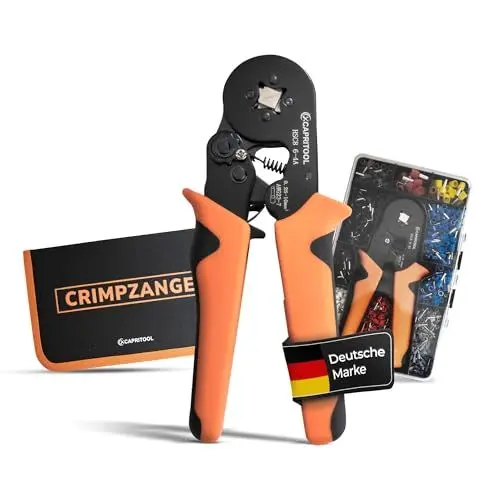 Produktbild: CAPRITOOL Crimpzange inkl. 1200 Aderendhülsen Set – Hochpräzis & Effizient – Crimpzange Set mit ergonomischen Griffen – Vierkant-Pressung für Aderendhülsen 0.25-10mm² (AWG23-7),