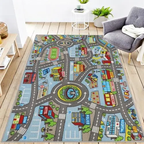 Produktbild: Capslpad Autoteppich Kinder 100x160cm rutschfest Kinderteppich Stadtplan Interaktive Spielteppich Waschbar Kreativ Pädagogisch Spielmatte für Kinder Teenager Kinderzimmer Spielzimmer Dekor,Hellblau