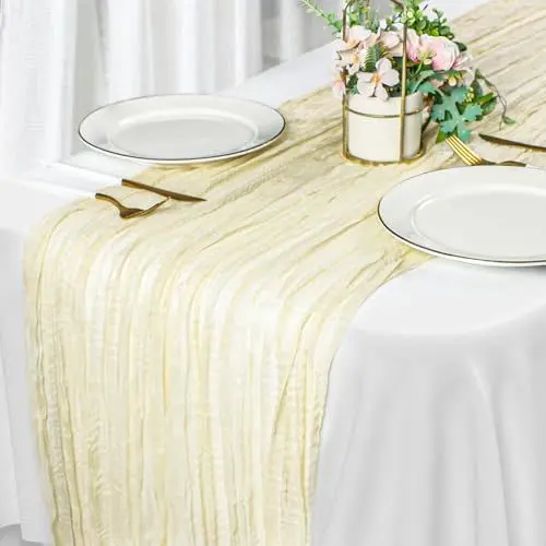 Produktbild: Capslpad Käsetuch Tischläufer Beige 90x300cm Lange Gaze Tischläufer Rustikale Gaze Stoff Tischdecke Durchsichtige Boho Tischdecke Käsetuch Tafelaufsatz für Veranstaltungen Urlaub Party Braut Bogen