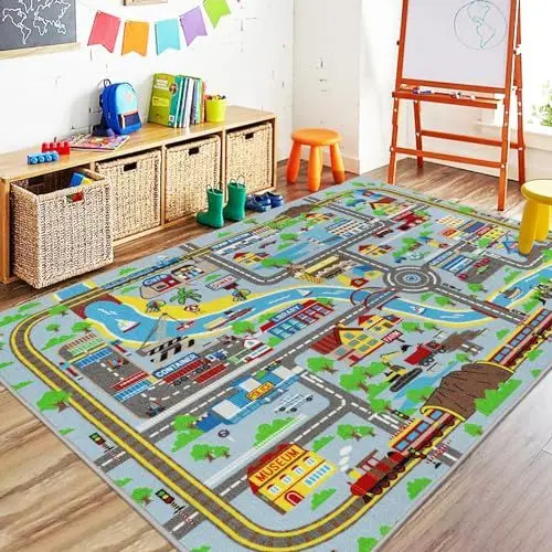 Produktbild: Capslpad Kinder Spielmatte 150x200cm rutschfest Stadtplan Spielplatz Teppich Waschbar Auto Spielmatten Kurzflor Stadtleben Lernen Bildungsbereich Teppich für Kinderzimmer Spielzimmer Dekor,Hellblau