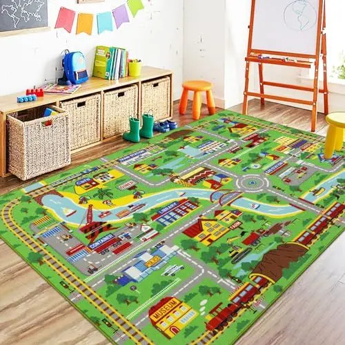 Produktbild: Capslpad Kinder Spielmatte 150x200cm rutschfest Stadtplan Spielplatz Teppich Waschbar Auto Spielmatten Kurzflor Stadtleben Lernen Bildungsbereich Teppich für Kinderzimmer Spielzimmer Dekor, Grün