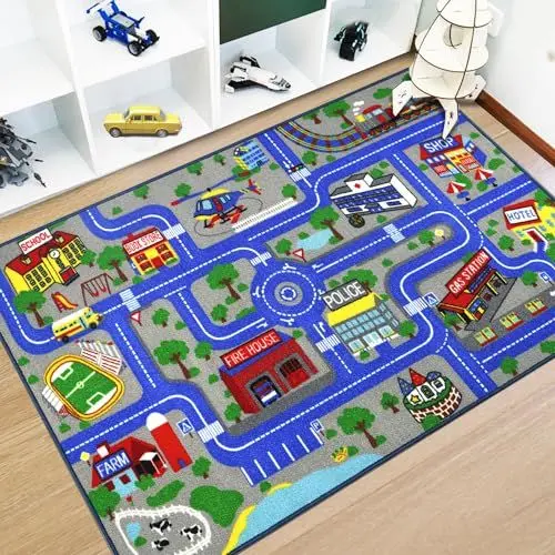 Produktbild: Capslpad Kinder Teppich Spielteppich für Kinder Stadt 100x160cm rutschfest Kinderteppich Spielmatte Maschinenwaschbar Kurzflor Pädagogischer Spielteppich für Kinderzimmer Spielzimmer Dekor, Blau