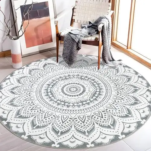 Produktbild: Capslpad Mandala Rund Teppiche ∅135cm Groß Weich rutschfest Wohnzimmerteppich Waschbar Künstliche Wolle Badezimmerteppich Weinlese Flauschige Bodenmatte für Kinderzimmer Schlafzimmer Wohnzimmer Dekor