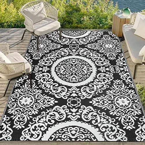 Produktbild: Capslpad Outdoor-Teppich 120x180cm wasserdichte Kunststoff-Stroh-Picknickdecken Reversible UV-beständige Blumenteppiche Terrassenteppich für Picknick Veranda Hinterhof Balkon Strandzelt Dekor,Schwarz