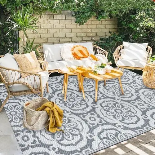 Produktbild: Capslpad Outdoor-Teppiche 120x180cm Blumen-Wende-Bodenmatte Wasserdichter Kunststoff-Strohteppich für Terrasse Tragbarer Camping-Wohnmobilteppich für Veranda Balkon Deck Picknick Strand Terrasse, Grau