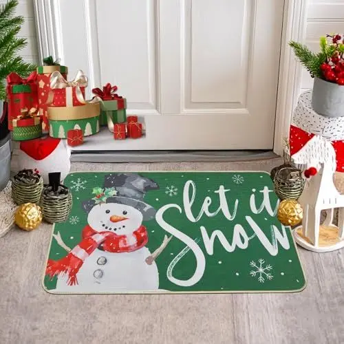 Produktbild: Capslpad Weihnachten Schneemann Fußmatte 50x80cm rutschfest Türmatte Außen Waschbar Eingangsteppich Weihnachten Schneeflocken Innen Fußmatten für Xmas Eingangsbereich Vordertür Festspiele Dekor, Grün