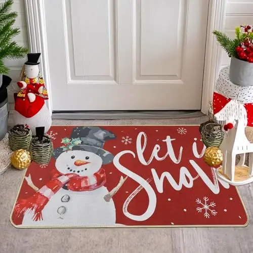 Produktbild: Capslpad Weihnachten Schneemann Fußmatte 60x90cm rutschfest Türmatte Außen Waschbar Eingangsteppich Weihnachten Schneeflocken Innen Fußmatten für Xmas Eingangsbereich Vordertür Festspiele Dekor, Rot