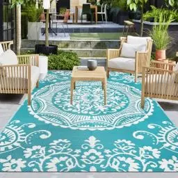 Produktbild: Capslpad Wendematten 150x245cm Wasserdichter Außenbereich Terrass Teppich Boho Blumen-Kunststoff-Strohteppich Tragbar Indoor Outdoor Teppich für den Garten Veranda Hinterhof Balkon Picknick Dekor,Teal