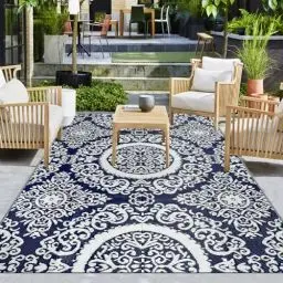 Produktbild: Capslpad Wendematten Boho Blumen-Outdoor-Teppich 150x245cm für Terrasse Tragbarer Kunststoff-Strohteppich Wasserdichter Wohnmobil-Campingteppich für Veranda Balkon Hinterhof Strand Grilldeck Deck,Blau