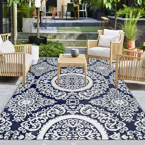 Produktbild: Capslpad Wendematten Boho Blumen-Outdoor-Teppich 150x245cm für Terrasse Tragbarer Kunststoff-Strohteppich Wasserdichter Wohnmobil-Campingteppich für Veranda Balkon Hinterhof Strand Grilldeck Deck,Blau