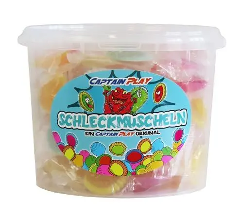 Produktbild: CAPTAIN PLAY 100 Schleckmuscheln einzeln verpackt, Party Bucket mit Schleckmuscheln Süßigkeiten, 1kg