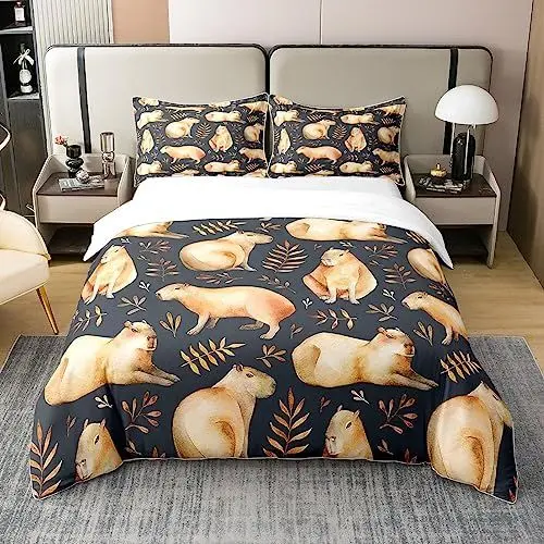 Produktbild: Capybara 100% Baumwolle Bettbezug 155x220,3D Lustige Capybara Tröster Bezug,Kawaii Maus Nagetiere Tiere Quilt Cover für Teens,Botanische Unkraut Pflanzen Bettwäsche mit 1 Kissenbezug,Braun Blau