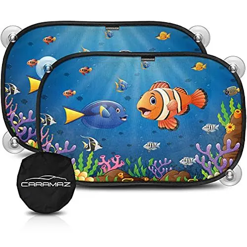 Produktbild: Sonnenschutz Auto Baby mit zertifiziertem UV Schutz, universell passend 48 x 30 cm, 2 Stück Sonnenblende, mit Saugnäpfen, Motiv: Orange-Neo