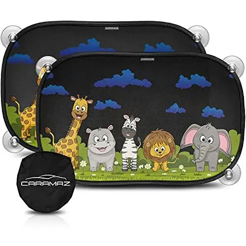 Produktbild: CARAMAZ Sonnenschutz Auto Baby mit UV Schutz 48x30cm - 2 Stück mit Saugnäpfen - Sonnenblende Kinder - Fenster Motiv: Blau-Tiere