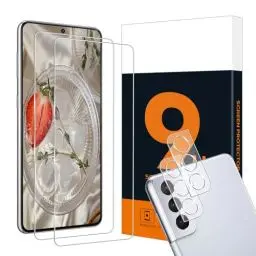 Produktbild: Carantee Schutzfolie für Panzerglas für Samsung Galaxy S21 FE 5G, 2+2 Stück Wasserdicht Schutzglas mit Kameraschutz, Fingerabdruck-ID Unterstützen, 2.5D Abdeckung, 9H Härte, HD S21 FE Displayschutz