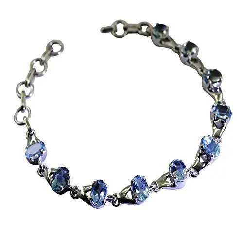 Produktbild: CaratYogi Natural Blue Topas Silber Armband Damen Link Style Karabinerverschluss Handarbeit L 6,5-8 Zoll