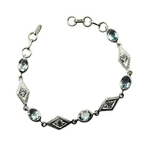 Produktbild: CaratYogi Original Blauer Topas Stein Silber Armband Für Mädchen Link Style Spring Ring Verschluss L 6,5-8 Zoll