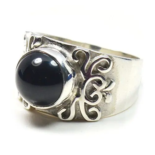 Produktbild: caratyogi Echter Rundschliff Cabochon schwarzer Onyx Ring Sterling Silber Größe J-Y für Herren, Gold Silber, Natürlicher Onyx,