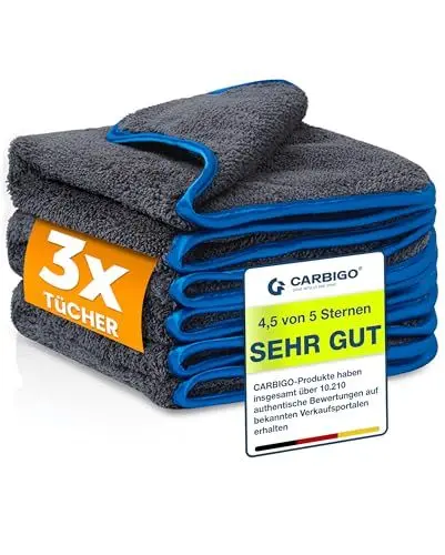 Produktbild: Carbigo® 3X Profi Mikrofasertücher Autopflege - Extrem saugstark & lackschonend Dank weicher Mikrofaser - Ideales Trockentuch zur Reinigung von Auto & Motorrad – 600 GSM, 40x40cm