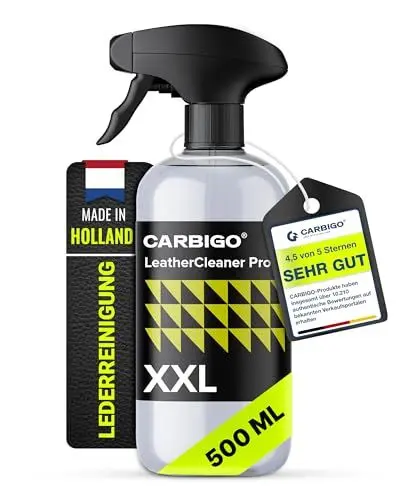 Produktbild: Carbigo LeatherClean Pro Lederreiniger 500ml I Wildlederpflege & Kunstlederreiniger I Lederpflege Auto, Textilien & Stoffpolster I Leather Cleaner, entfernt hartnäckige Flecken & Fett