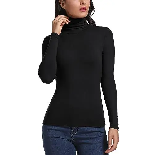 Produktbild: Carcos Damen Rollkragen Langarm Shirt, Basic Rolli Oberteil Hoher Kragen Slim Fit T-Shirt Top für Herbst Winter,Schwarz,S