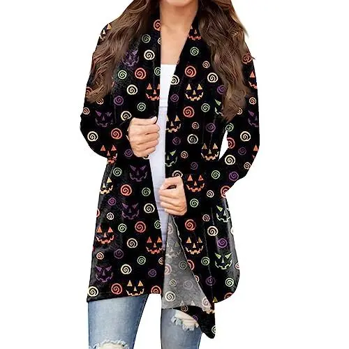 Produktbild: Cardigan Damens Weich Basic Cardigans Lockere Schule Rundhals Tunika Dick Longtops Mädchen Cartoon Halloween Langen ärmeln Gelb