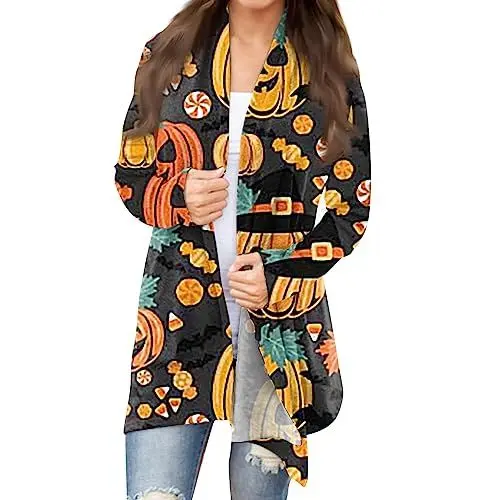 Produktbild: Cardigans Damen Rundhals Elegante Stretch Cartoon Cardigan Skifahren Oversize Boxy Polyeste Longtops Damen Halloween Langen Ärmeln Marine
