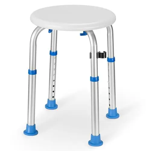 Produktbild: Careboda Duschhocker, Höhenverstellbar Badhocker 34-52 cm, Duschstuhl aus Aluminium mit Rutschfesten Gummispitzen für Senioren, Schwangere, Behinderte, Duschhilfe, Duschsitz (Weiß/Blau Badebank)